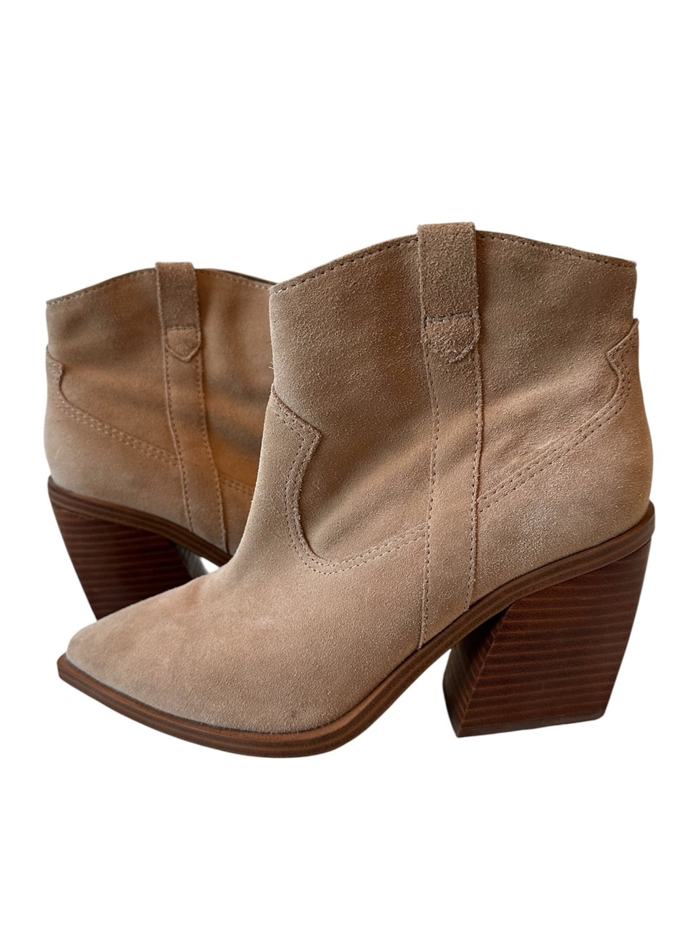 Vince Camuto Gredile Ankle Boots Pointed Toe Taupe Tan Suede Heel Women’s 9.5M